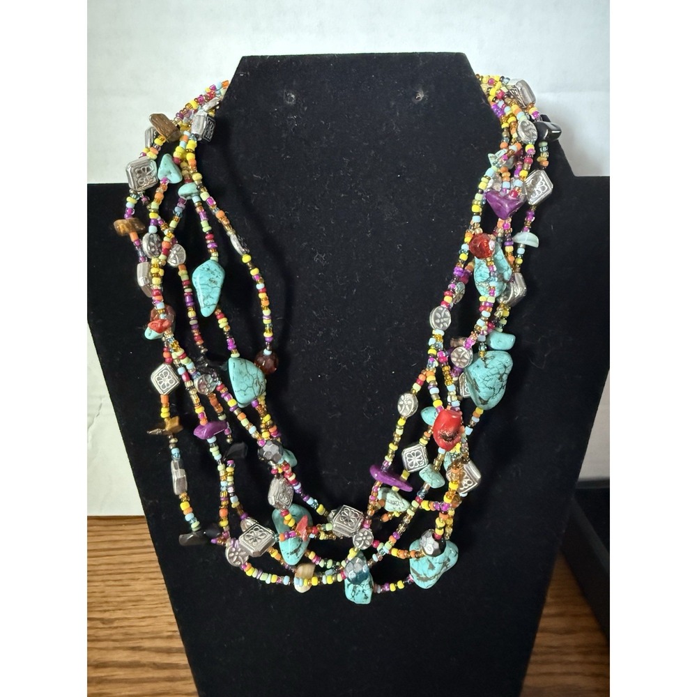 Colorful Multi-Strand Seed Bead & Turquoise Necklace  Boho Layered Statement 21"